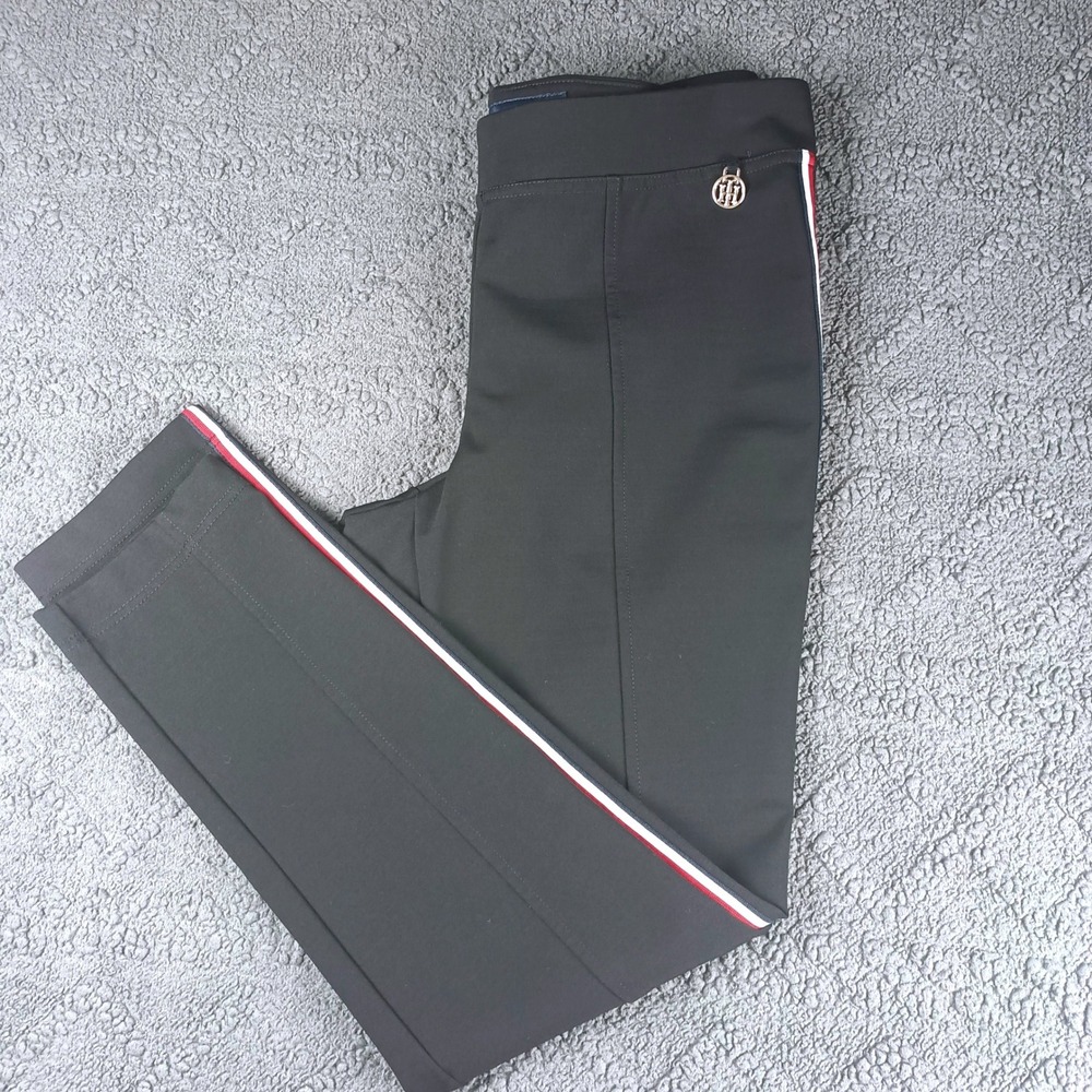 Tommy Hilfiger Women's Size M  Black Side Stripe Ponte Leggings Pants Gold Logo
